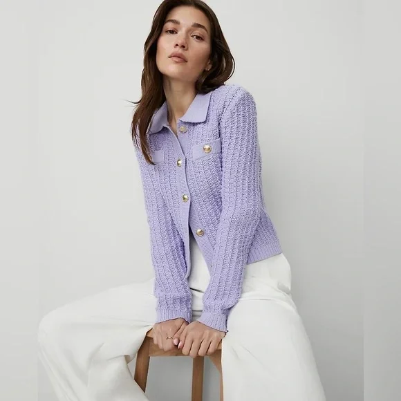 Ann Taylor Purple Sweater Cardigan Jacket Lavender Gold Buttons Medium Petite *B - Picture 2 of 11